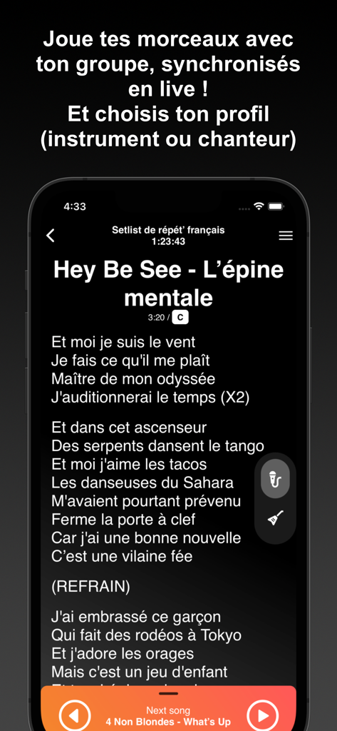 Setlist Live - Setlist Live app displaying synchronized lyrics for musicians and singers during live performances