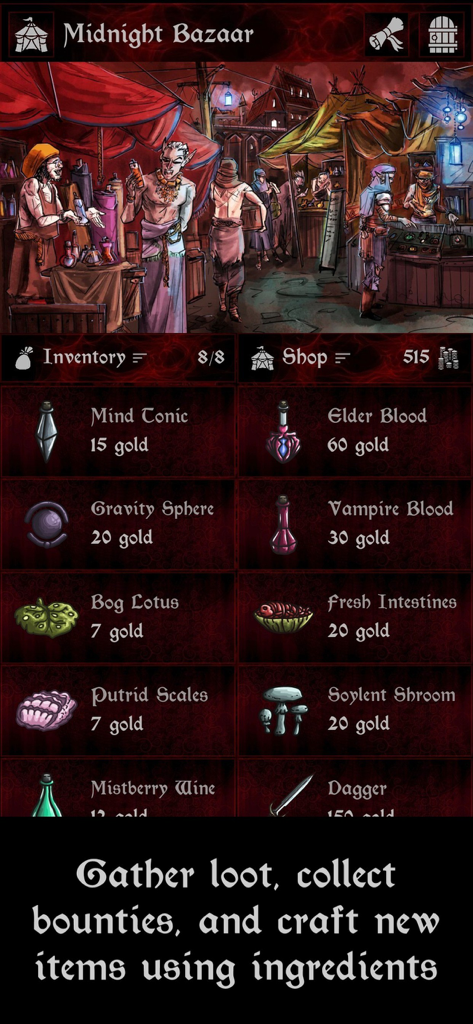 Grim Omens - Old School RPG - Interface da loja do Bazar da Meia-Noite em Grim Omens RPG apresentando arte de fantasia desenhada à mão e uma lista de itens e ingredientes