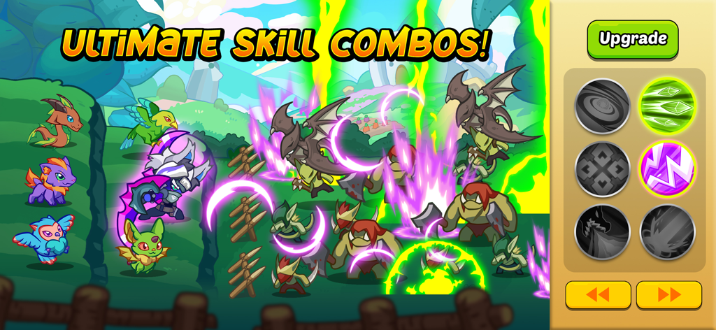 Battle scene showing ultimate skill combos and upgrade menu in Kingdom Defender Idle RPG