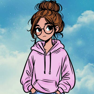 teen girl with a messy bun and glasses wearing a loose hoodie and jeans