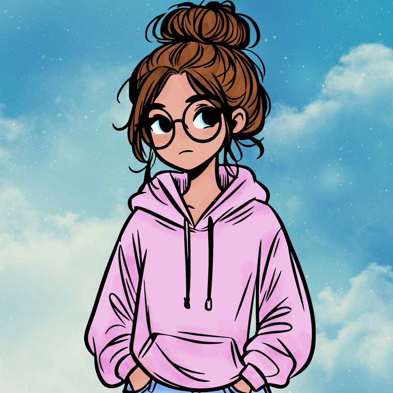 teen girl with a messy bun and glasses wearing a loose hoodie and jeans