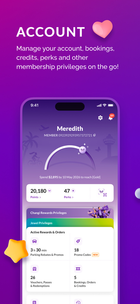 Changi App - Una interfaz de aplicación móvil que muestra el panel de cuenta de usuario de la App Changi con puntos de fidelidad, beneficios de membresía y vales de recompensa activos.
