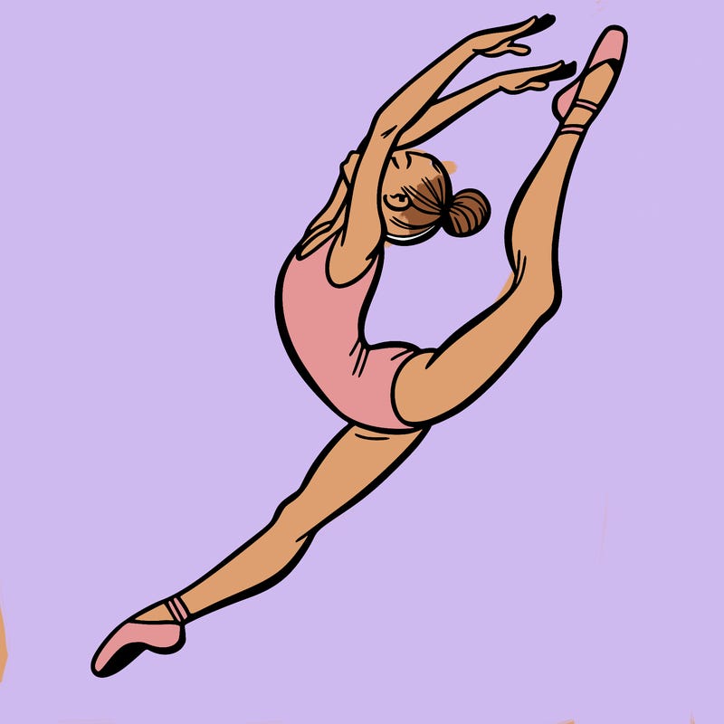 gymnast doing a leap in a leotard with a bent back leg