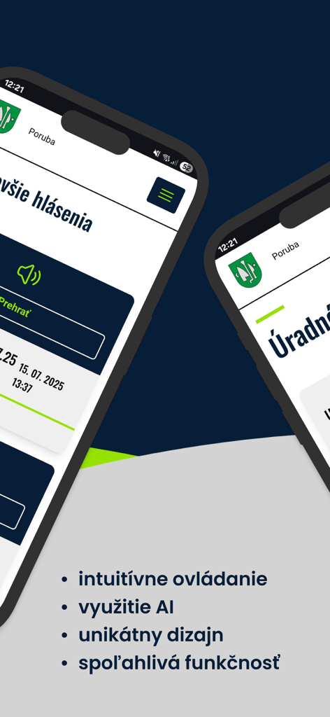 HUGO info - Interface do aplicativo HUGO info mostrando alertas municipais oficiais e anúncios em áudio em uma tela de celular