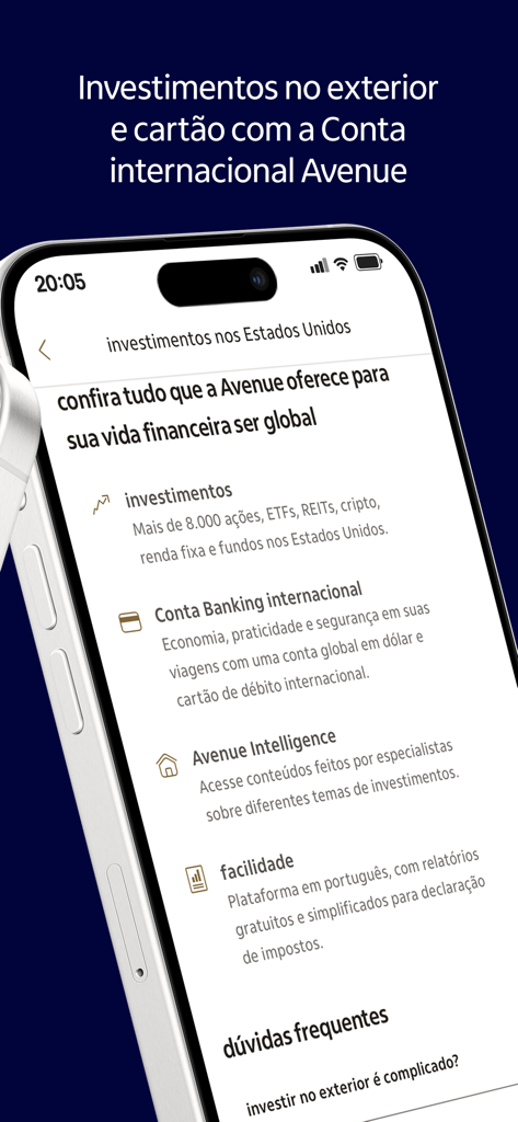 Pantalla de la aplicación móvil Itaú Personnalité que muestra opciones de inversión internacional y funciones bancarias a través de la integración de Avenue.