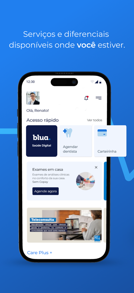 Care Plus - Main dashboard of the Care Plus app displaying health service shortcuts like digital health and home medical exams.