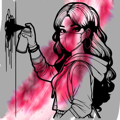 realistic girl with mask spray painting a wall