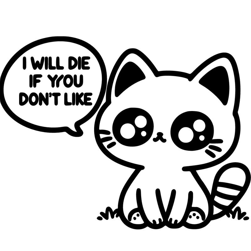 a cute little cat saying in a text bubble, i will die if you don’t like