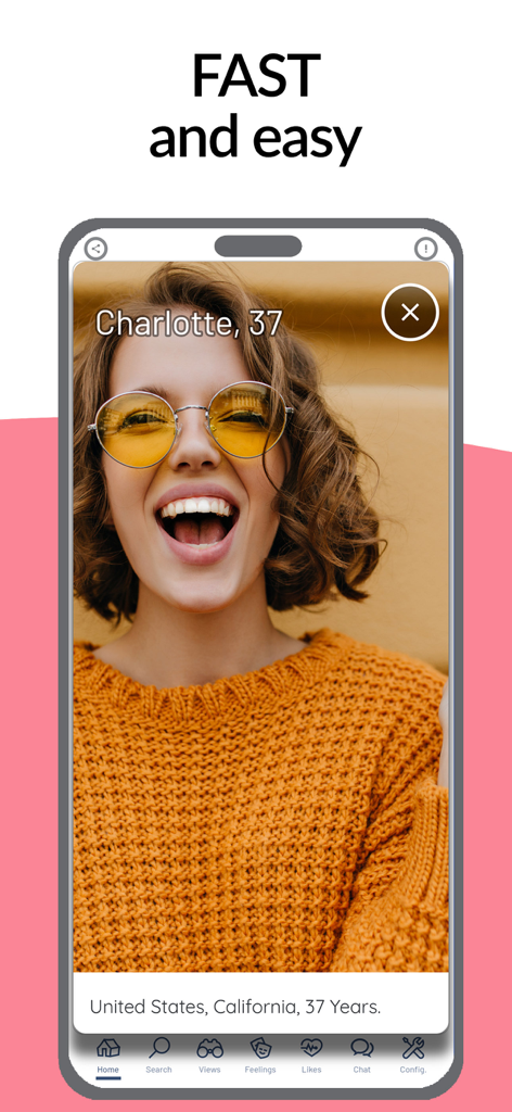 Ein mobiler Bildschirm der QuoDating-App, der das Benutzerprofil einer Frau aus Kalifornien mit einer Navigationsleiste zeigt
