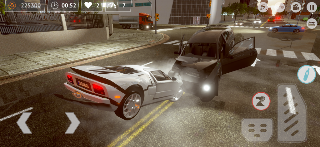Driving Zone - A white sports car crashing into a black vehicle at a city intersection in Driving Zone
