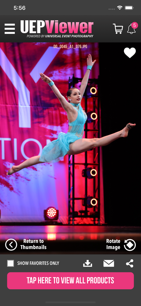 A professional dance competition action shot displayed within the UEPViewer mobile app interface.