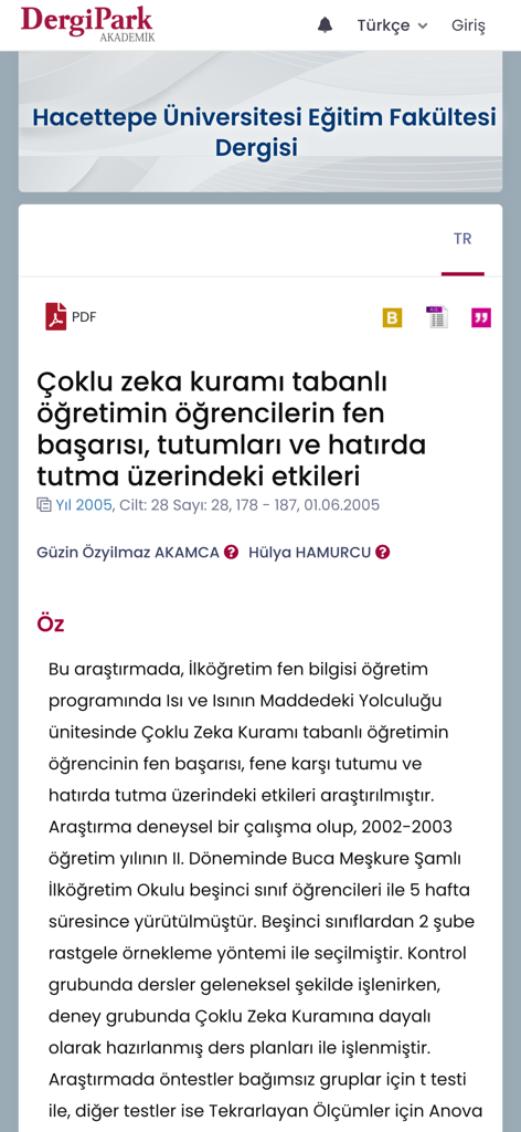 DergiPark Akademik - Screenshot of an academic journal article abstract on the DergiPark Akademik mobile app interface