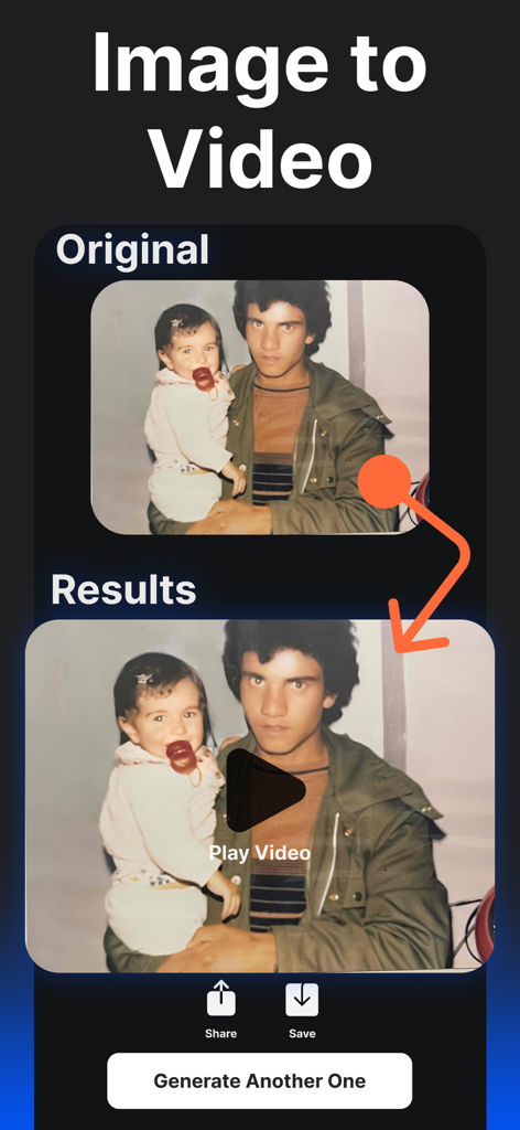 AI Video Generator - Vids App - Captura de pantalla de Vids App que demuestra la función de IA de imagen a vídeo animando una foto vintage
