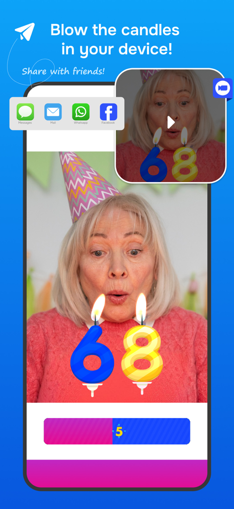 A woman blowing out virtual 68th birthday candles on a smartphone screen with social media sharing options