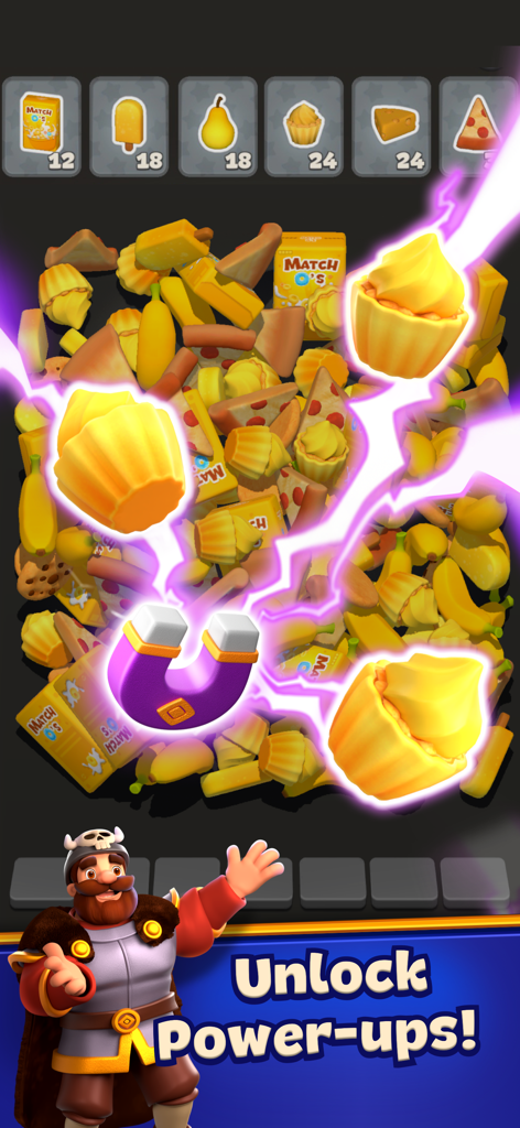 Match 3D Saga - A magnet power-up attracting yellow cupcakes from a pile of objects in Match 3D Saga.