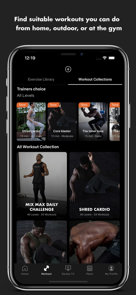 Doviesfitness app interface displaying workout collections for home and gym training programs