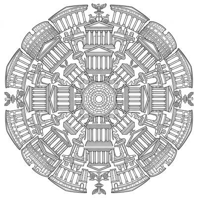 Immerse yourself in the grandeur of ancient history with this exquisite Roman Ruins Mandala coloring page. Featuring a perfectly symmetrical design of classical architecture, it offers a unique blend of historical marvels and meditative artistry.