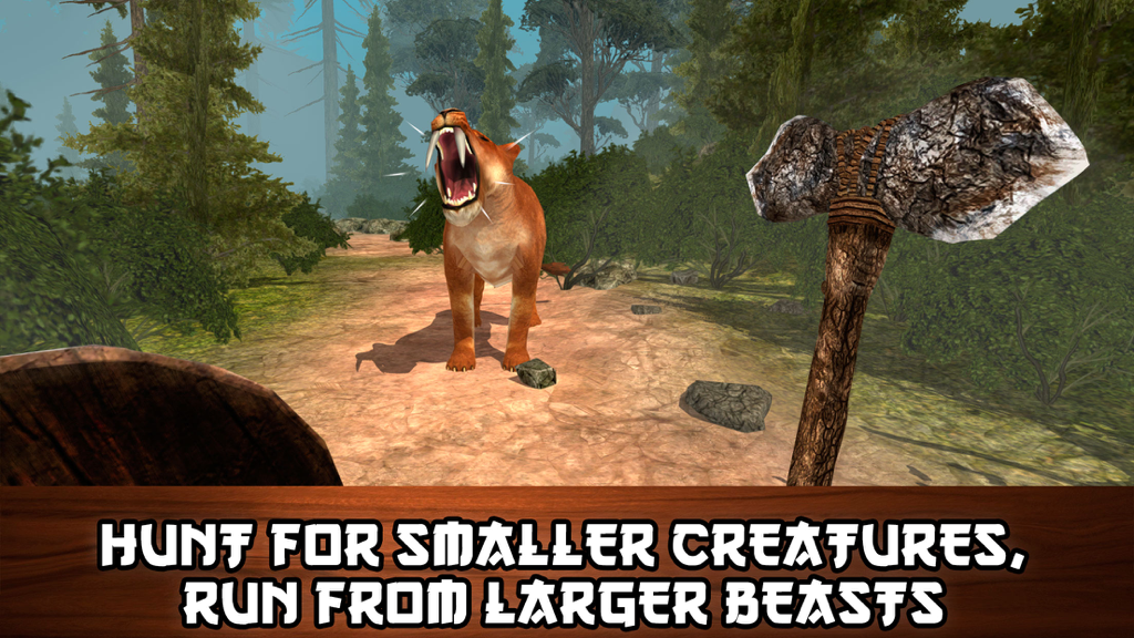 Primal Island Survival Simulator 3D - First person view of a player with a stone axe facing a roaring sabretooth tiger in a prehistoric forest