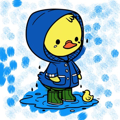 baby duck in a rain coat and boots, in a puddle while it’s raining