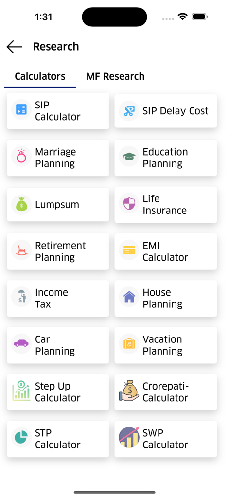 Kubera Wealth - Research screen of the Kubera Wealth app showing various financial planning calculators