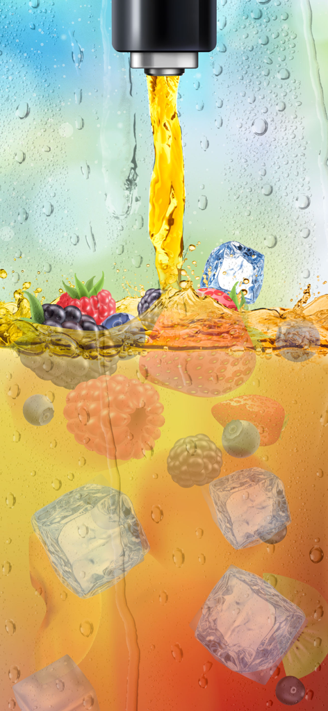 Drink & Make Boba Bubble Tea - Un vaso virtual llenándose de té de frutas amarillo, bayas y cubitos de hielo.