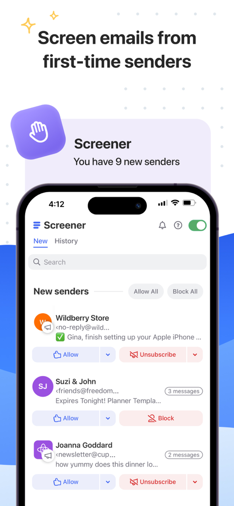 Clean Email — Inbox Cleaner - Clean Email app Screener feature showing options to allow or block new email senders.