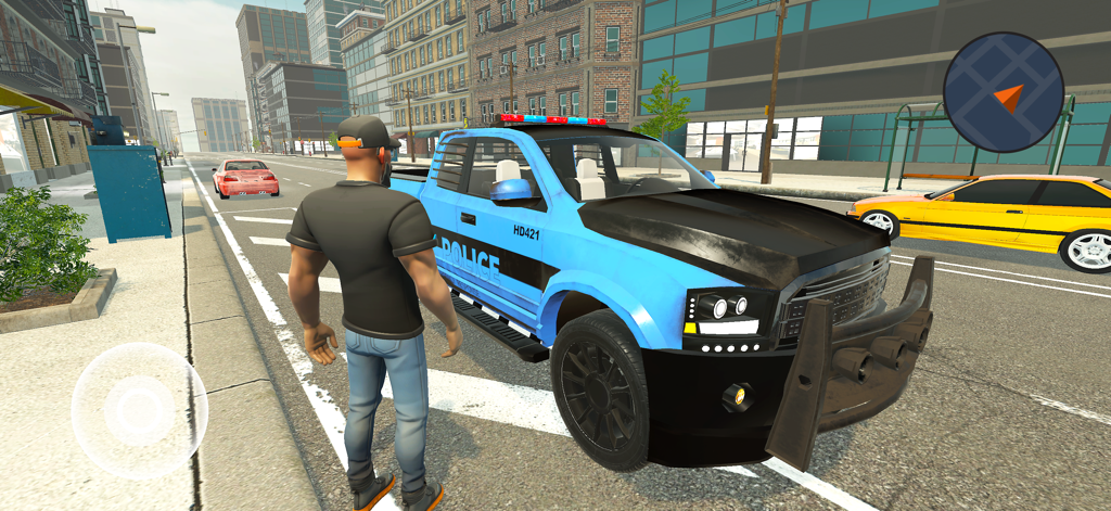 Character standing next to a blue police truck in the Driving School 3D free roam mode