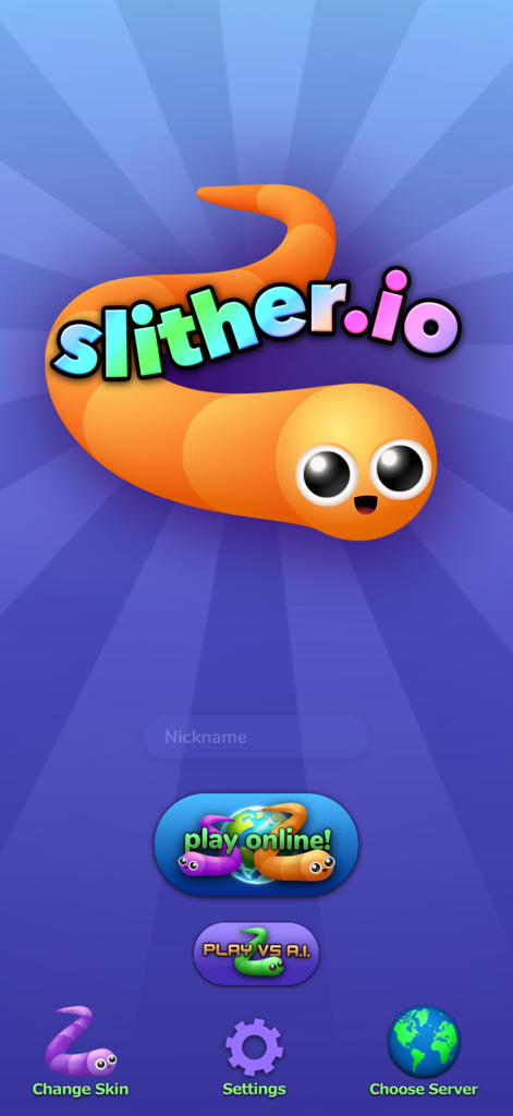 オレンジ色のヘビとプレイボタンが表示された、モバイルゲーム「slither.io」のメインメニュー画面