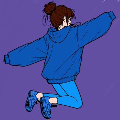realistic girl jumping with a bun and oversized sweatshirt