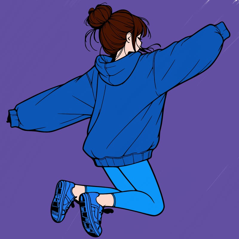 realistic girl jumping with a bun and oversized sweatshirt