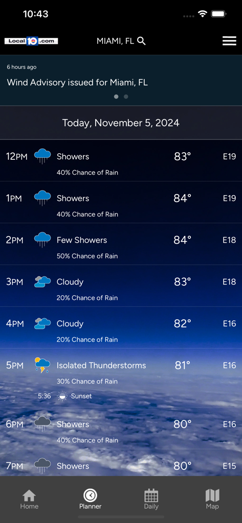 Weather Authority - Hourly weather forecast for Miami in the Weather Authority app showing temperature and rain probability.