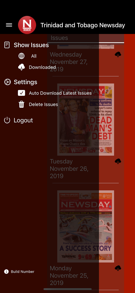 Newsday NTouch - Side menu and digital newspaper issues list in the Newsday NTouch app interface.
