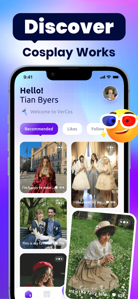 Adult Social Hub - VerCos - The VerCos app interface showing a social feed for discovering cosplay works.
