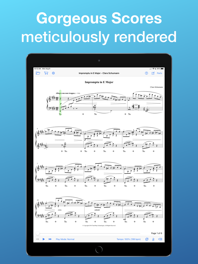 SuperScore Music - iPad showing a high-resolution piano score of Clara Schumann's Impromptu in E Major in the SuperScore Music app