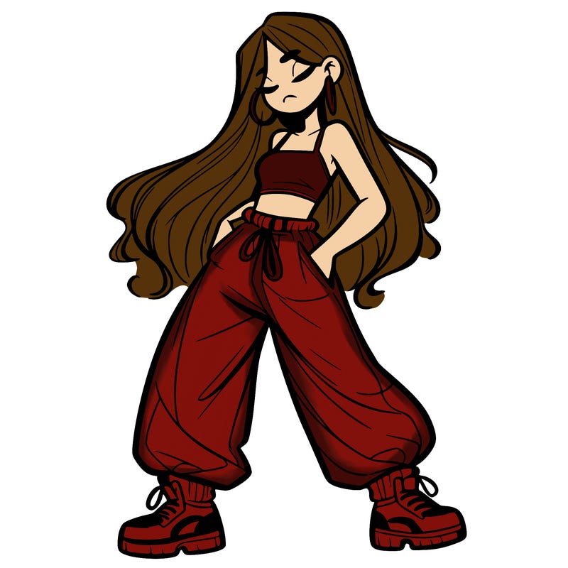 girl in baggy pants crop top and long hair