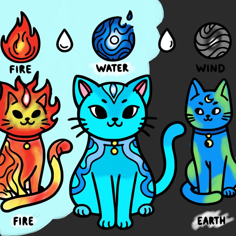 elemental cats, fire, and water and wind and earth