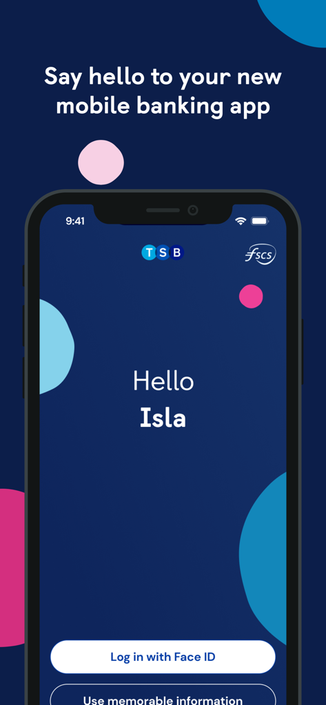 Tela de boas-vindas do aplicativo TSB Business Mobile com uma saudação personalizada e um botão de login para Face ID.