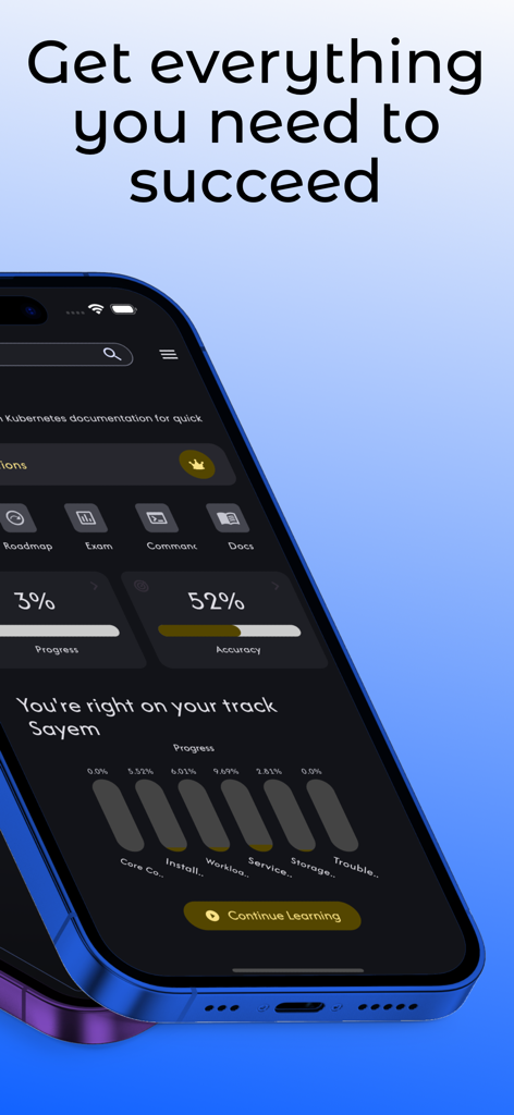 CKA Kubernetes Exam Prep - Panel de la aplicación CKA Kubernetes Exam Prep mostrando el progreso del estudio, métricas de precisión y categorías de aprendizaje en modo oscuro.