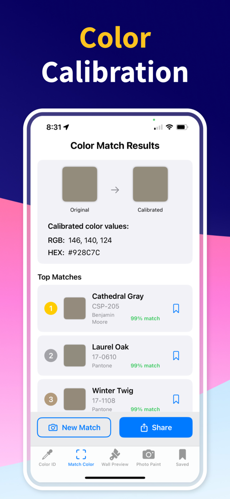 Interface of Paint Color Match app showing color calibration results with RGB and HEX values alongside top paint brand matches like Benjamin Moore