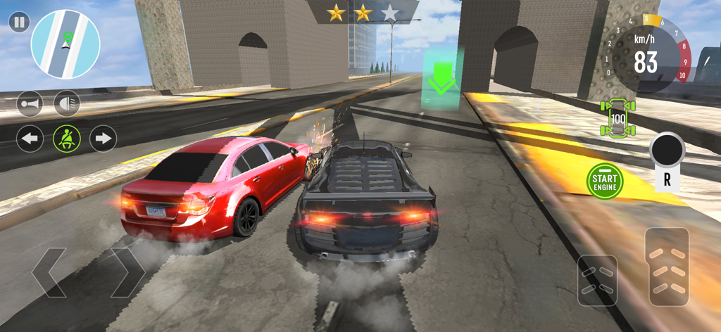A black sports car crashing into a red sedan in a realistic city driving simulation game with on screen controls