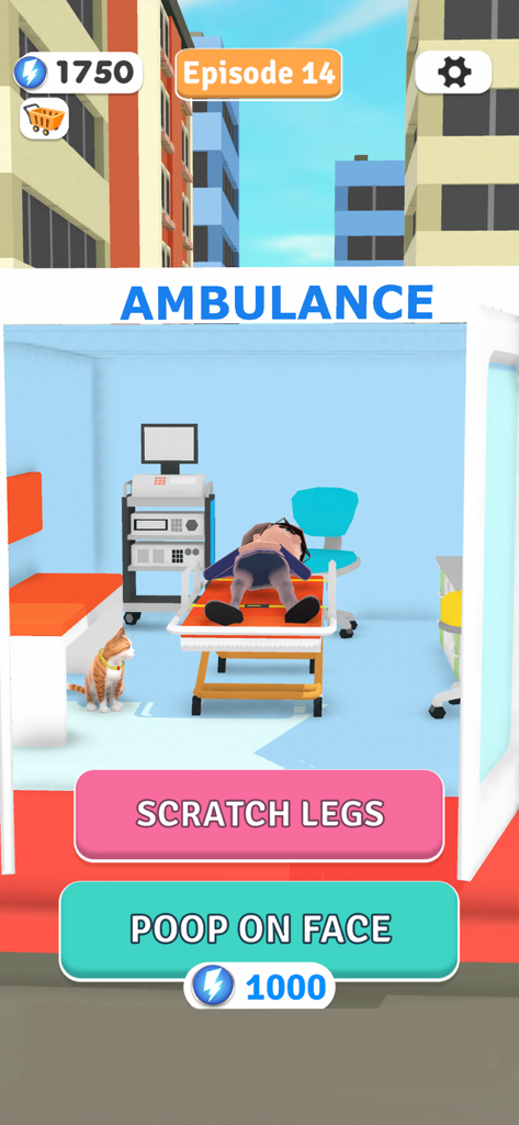 Un gato en una ambulancia con botones para elegir entre rascarse las patas o defecar en una cara.