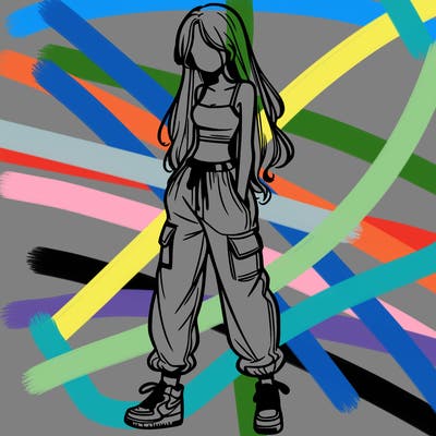 girl in baggy pants crop top and long hair