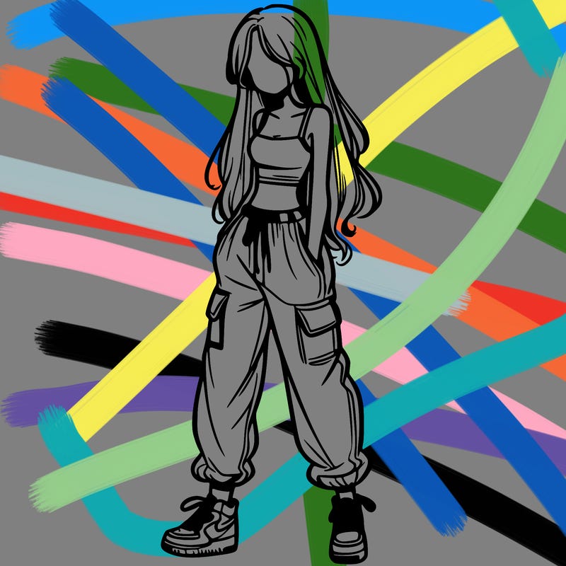 girl in baggy pants crop top and long hair