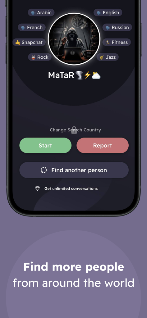 Fadfadah Chat - Fadfadah Chat app interface showing a user profile with interests and a button to find more people from around the world.