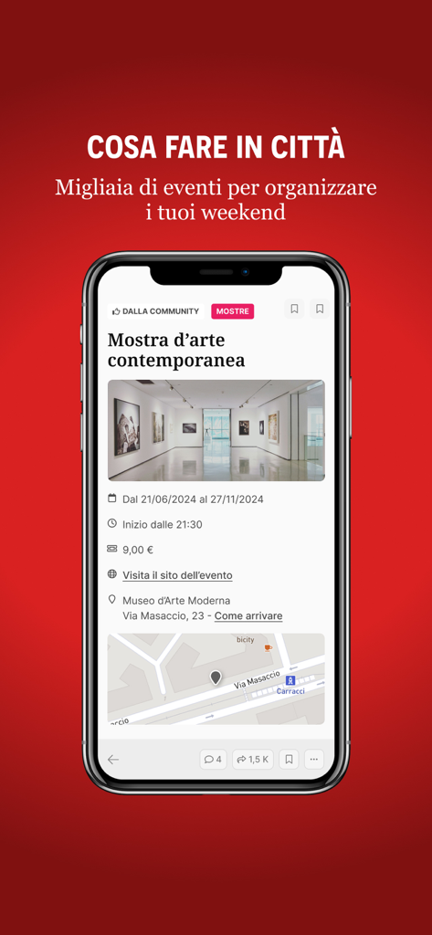 ReggioToday - ReggioToday mobile app screen showing a contemporary art exhibition event listing with map and details
