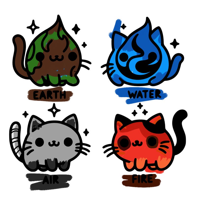 4 cats that represent the different elements, earth, water, air, and fire
