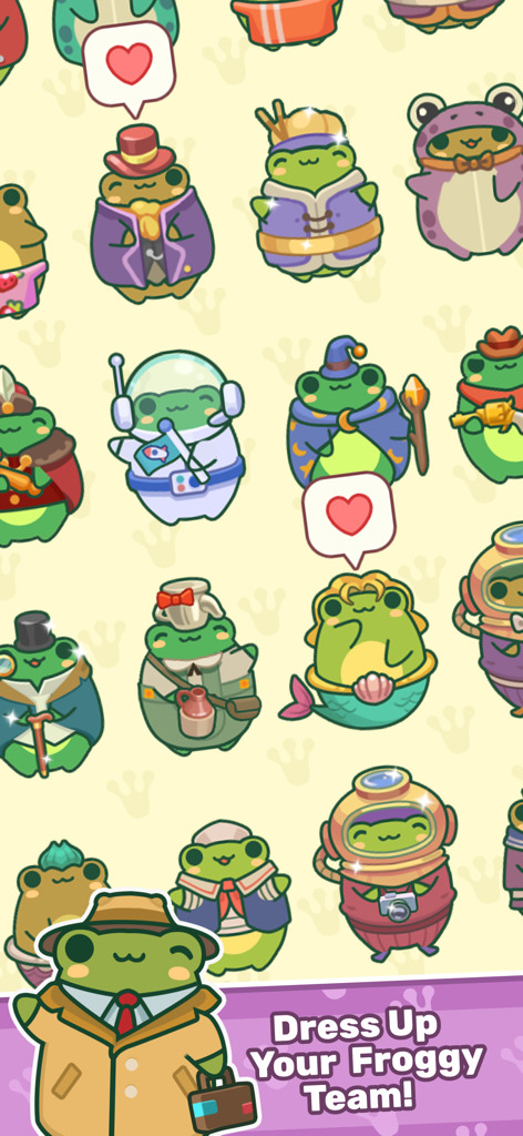 Frogs Kitchen - A variety of cute frogs wearing different outfits including astronaut mermaid and detective costumes