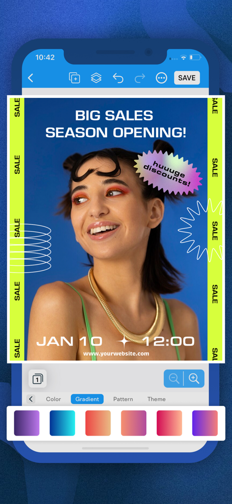 Poster Maker, Flyer Maker - Interface of a flyer maker app showing a sale poster design with various color gradient options