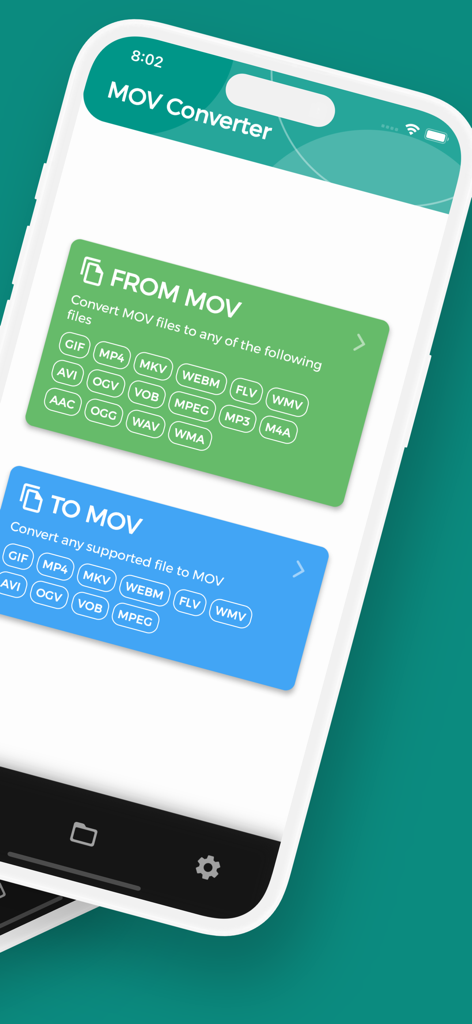 Interface do aplicativo MOV Converter mostrando opções de conversão de e para formatos MOV.