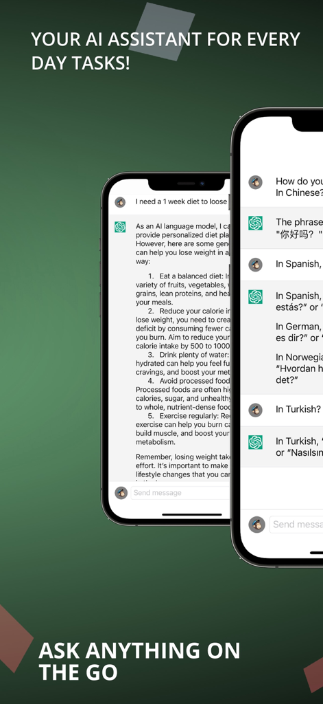 Two mobile phone screens showing ChatAI GPT Assistant providing a diet plan and translating phrases into Chinese Spanish German and Turkish